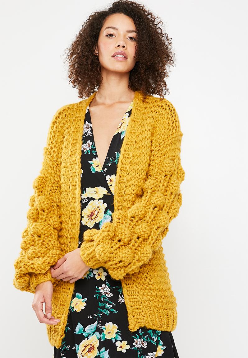 Hand knitted bobble chunky cardigan - mustard Missguided Knitwear ...