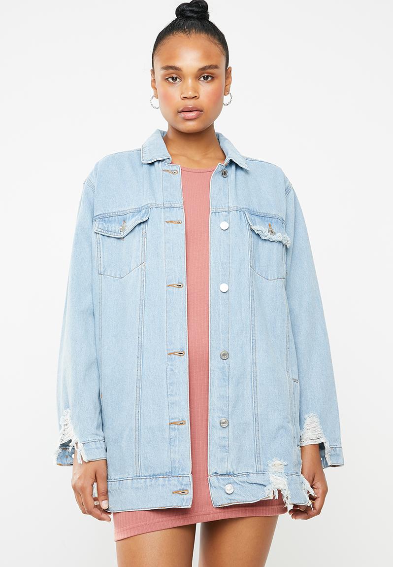 Longline distressed denim jacket - blue Missguided Jackets ...