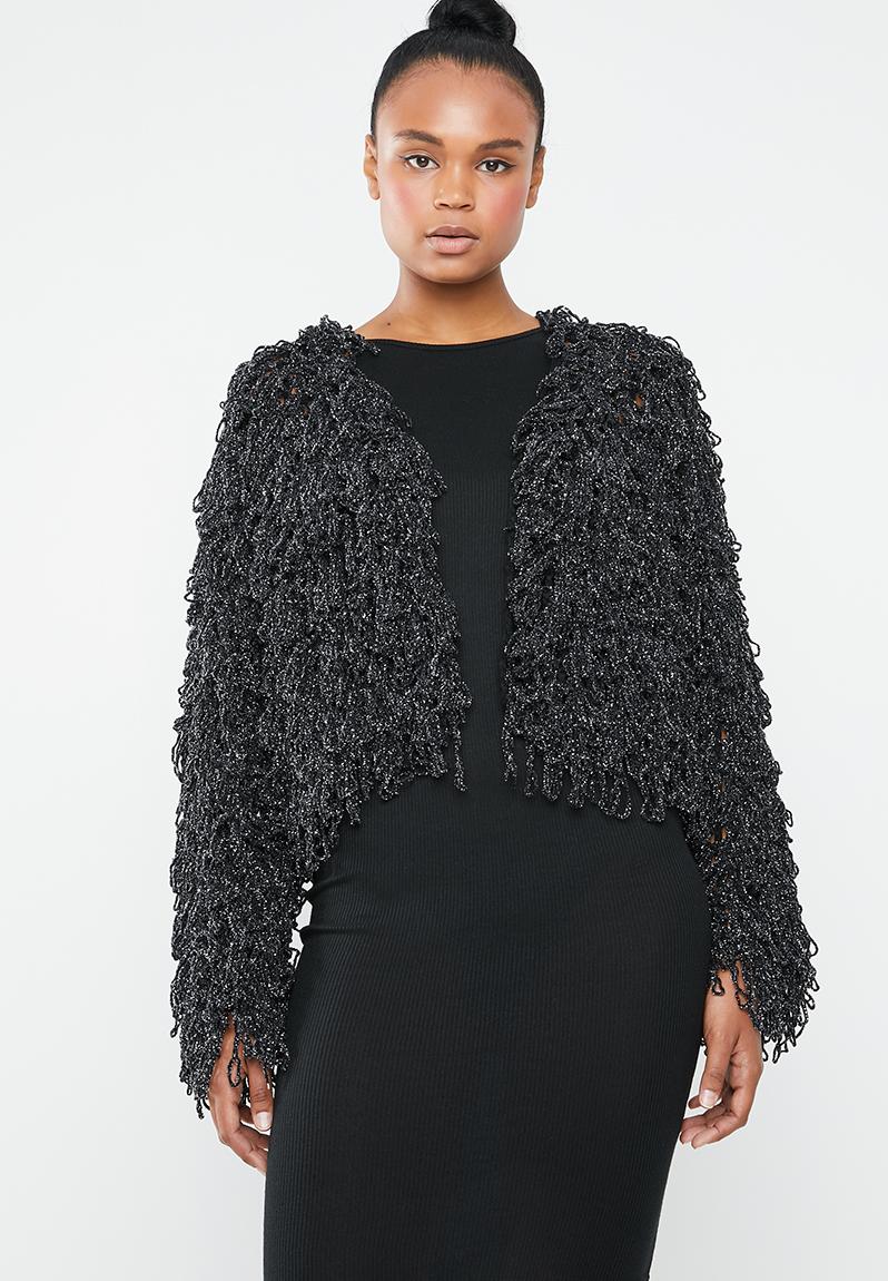 Metallic Loopy Shaggy Knitted Cardigan Black And Silver Missguided