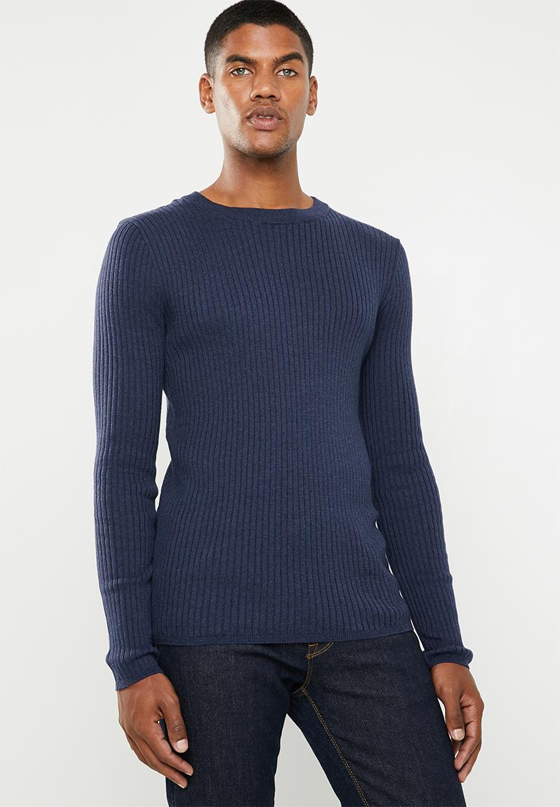 Slim fit ribbed crew neck knit - navy Superbalist Knitwear ...