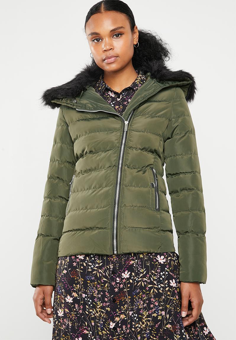 Padded jacket with detachable faux fur collar - khaki Brave Soul ...