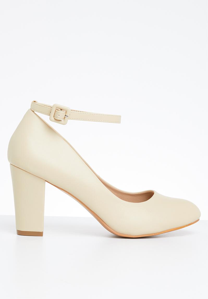 beige ankle strap block heels