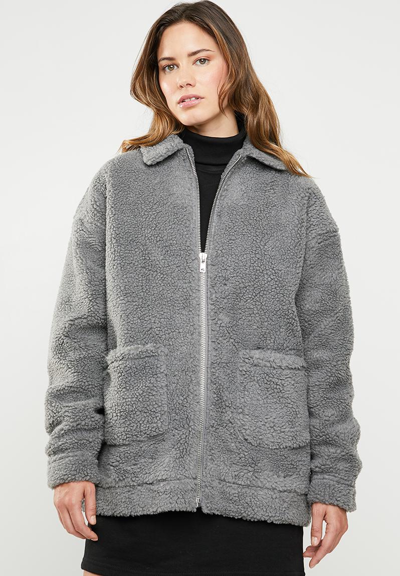 Oversized zip through borg jacket - grey Missguided Jackets ...