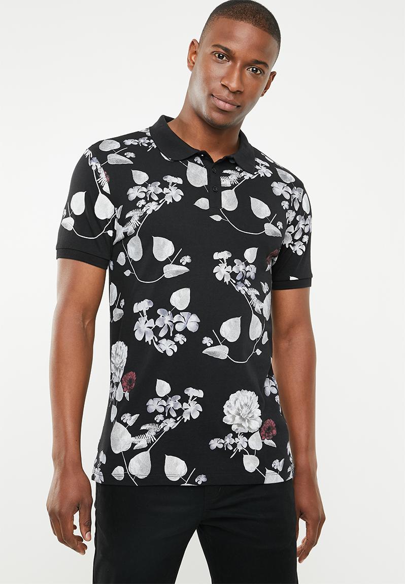 Short sleeve floral all over print golfer - jet black GUESS T-Shirts ...