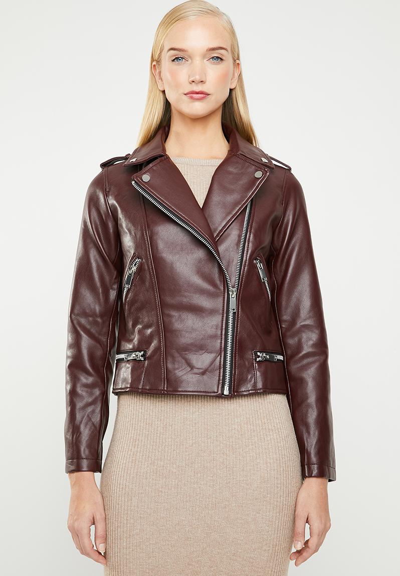 Faux leather zip detail biker jacket - dark red MANGO Jackets ...