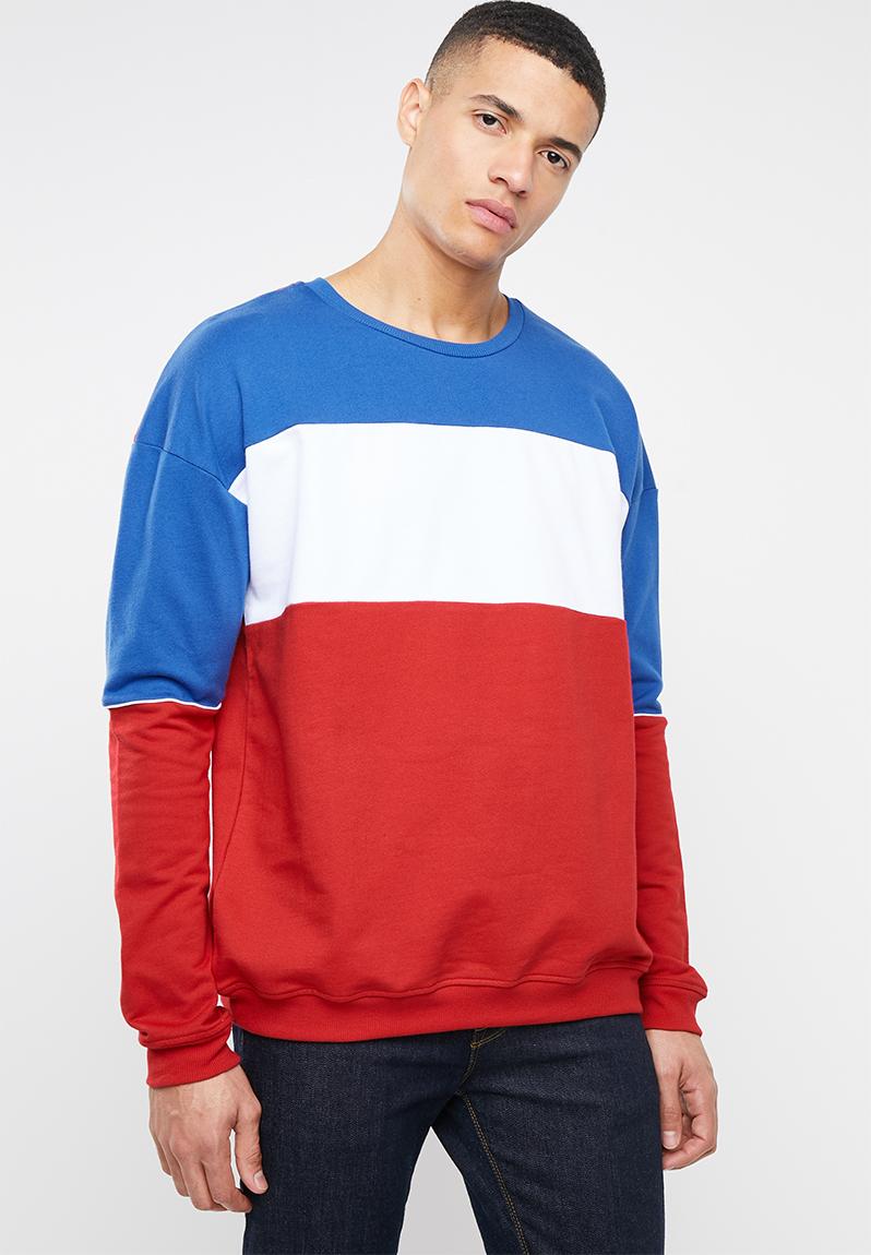 Cut & sew oversized colourblocked crew sweat - red/white/cobalt ...