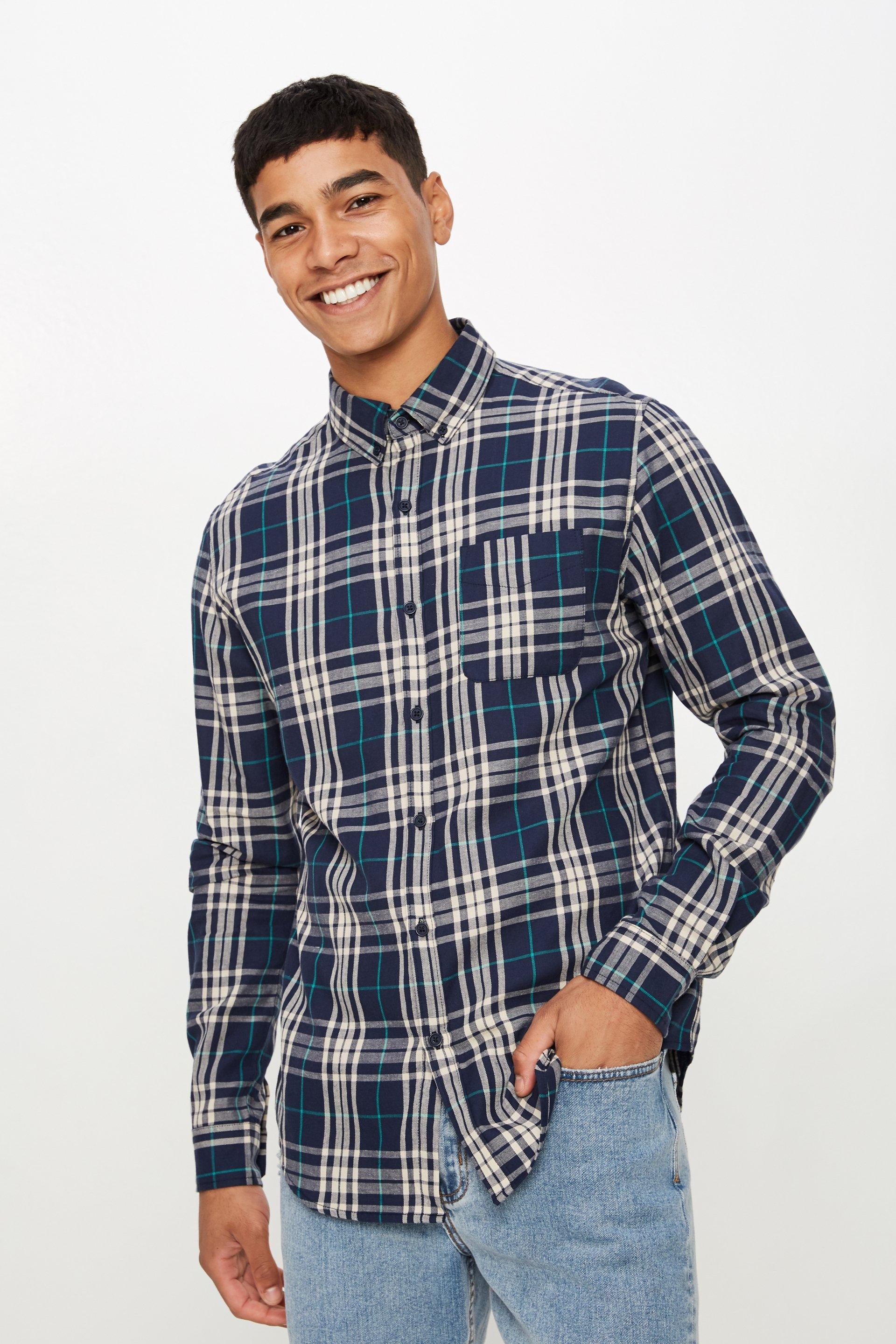 Brunswick long sleeve shirt - navy bold check Cotton On Shirts ...