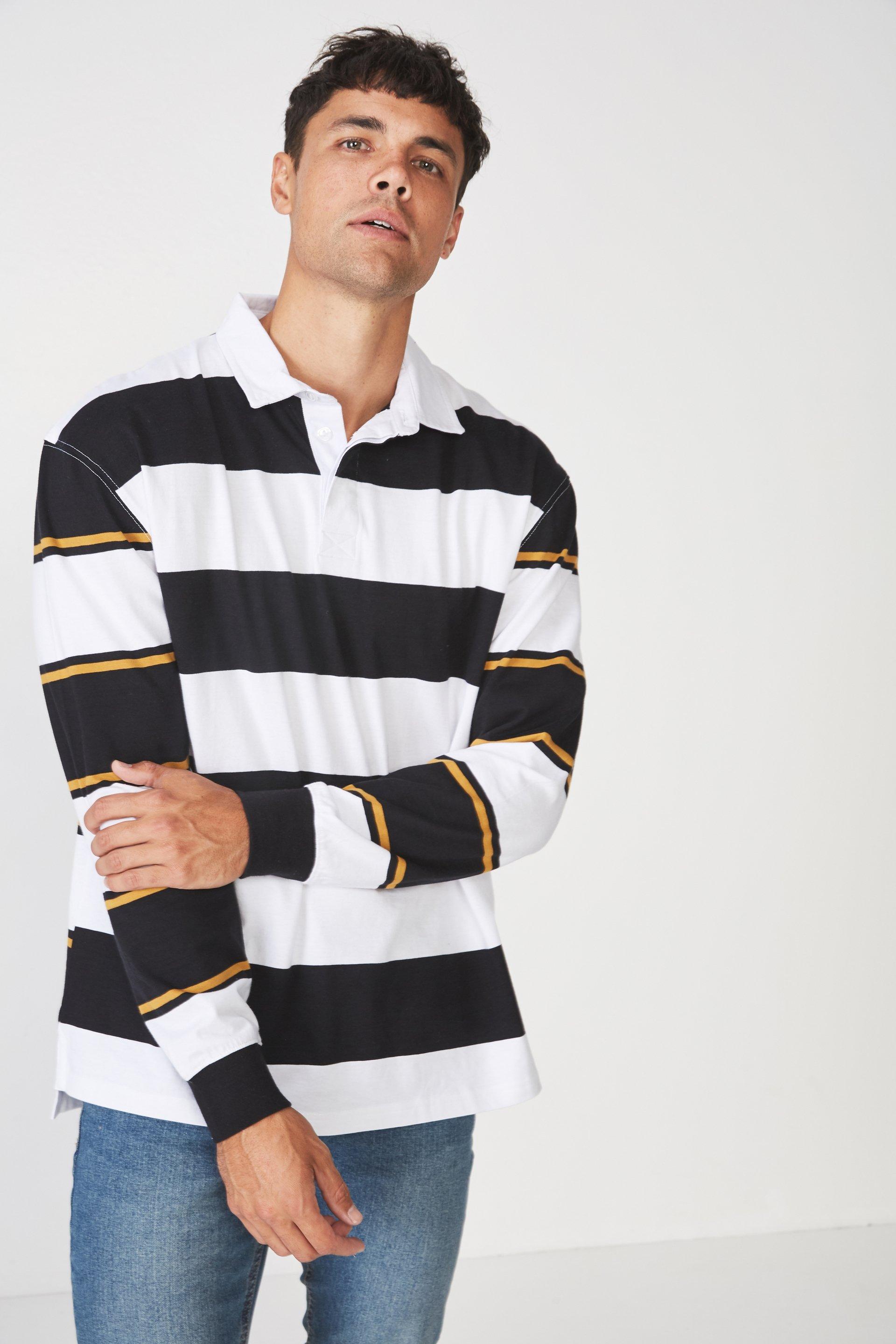 Rugby long sleeve polo - black/white bold stripe Cotton On T-Shirts ...