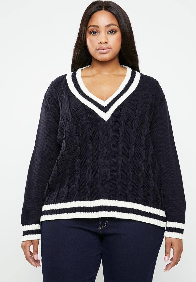 Cable knit vneck jersey navy STYLE REPUBLIC PLUS Tops