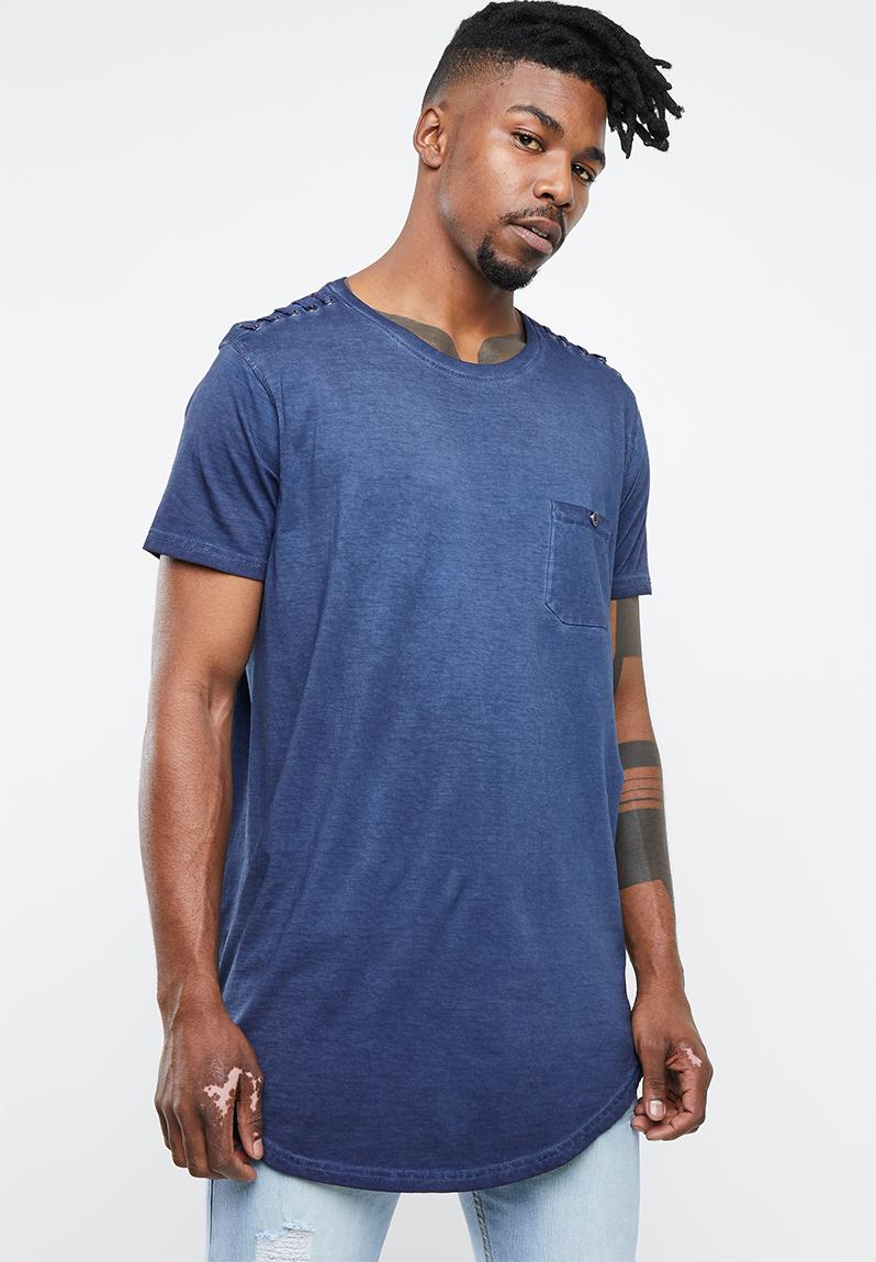 Busted crew neck longline curved hem tee - blue acid wash Brave Soul T ...