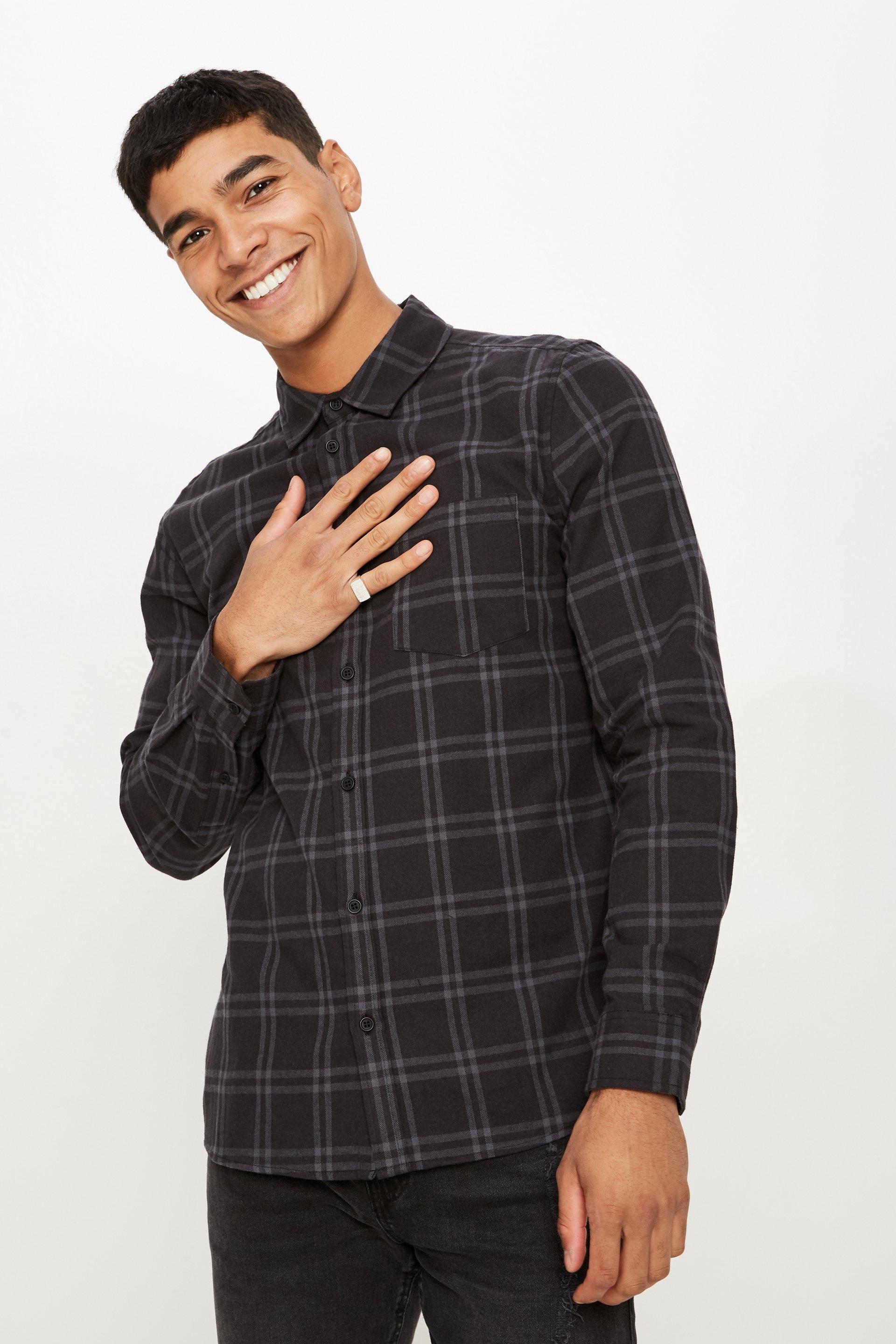 Rugged long sleeve shirt - black grey check Cotton On Shirts ...