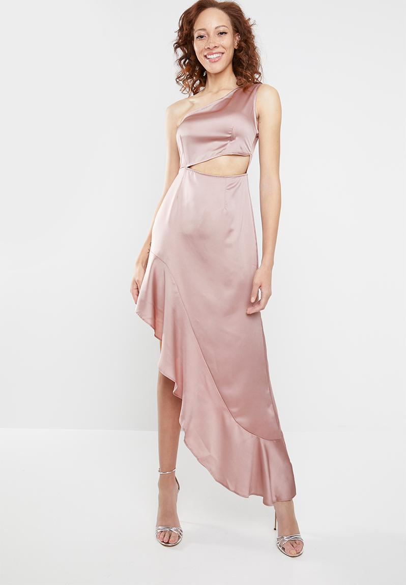 One shoulder satin cut out maxi dress - pink Missguided Occasion ...