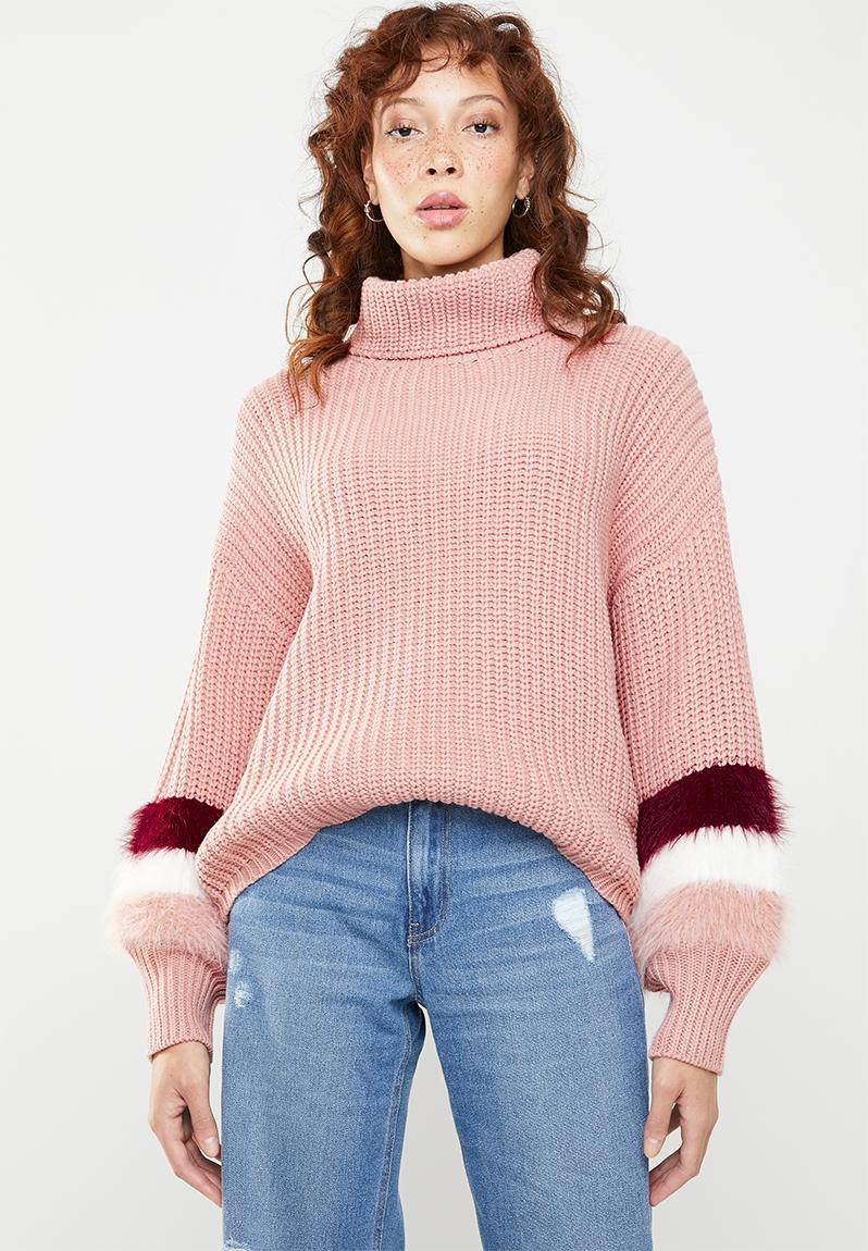Roll neck fluffy stripe sleeve jumper - rose Missguided Knitwear ...