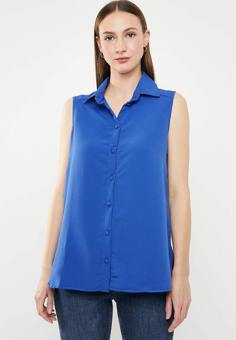 Sleeveless Button Down Blouse Blue Edit Blouses 