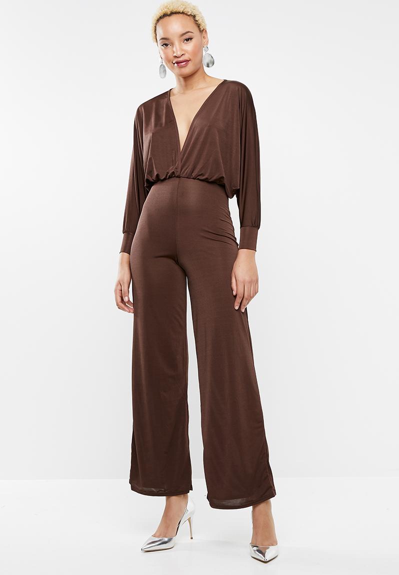 Slinky plunge batwing jumpsuit - brown Missguided Jumpsuits & Playsuits ...
