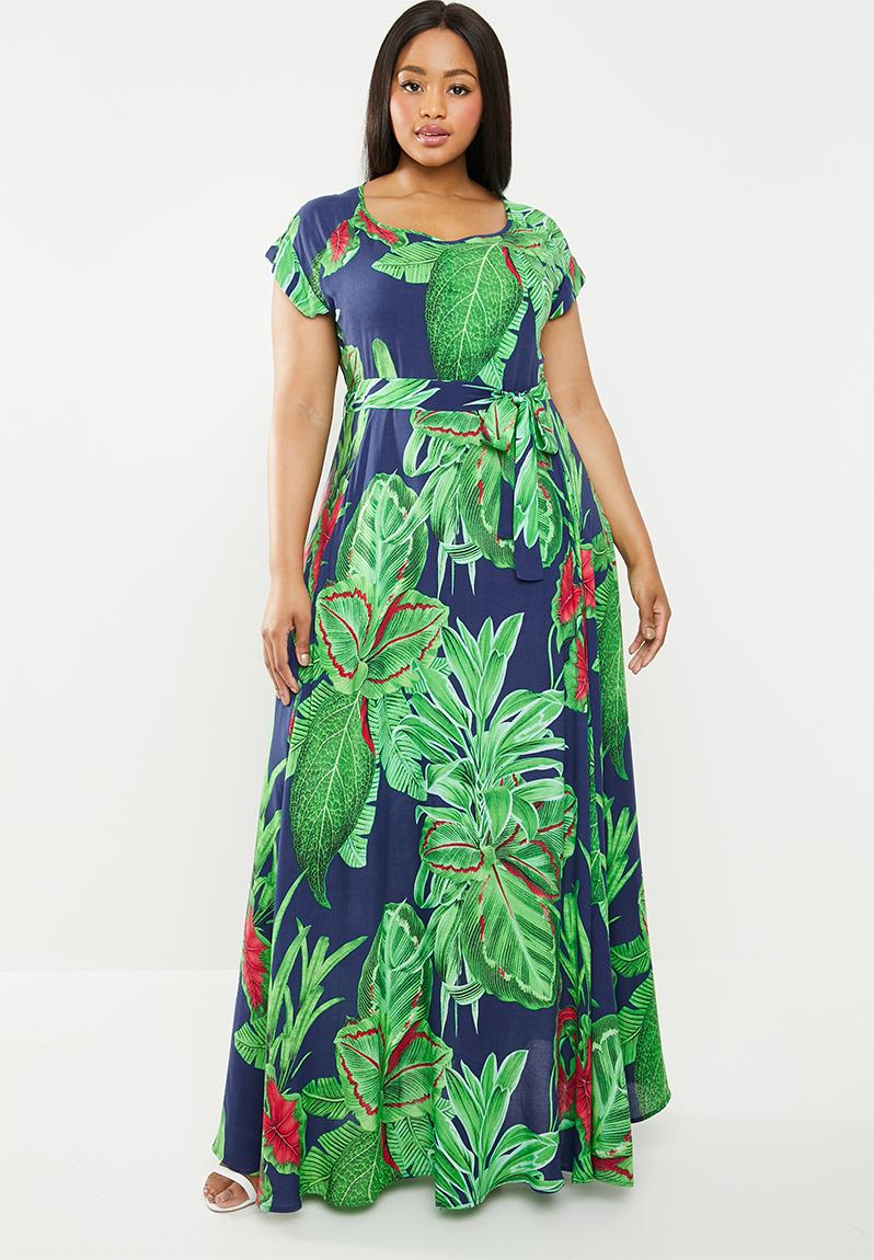 Plus size katya belted maxi dress leafy design AMANDA LAIRD CHERRY