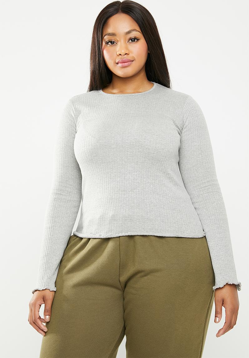 Lettuce Hem Rib Long Sleeve Top Grey Missguided Tops