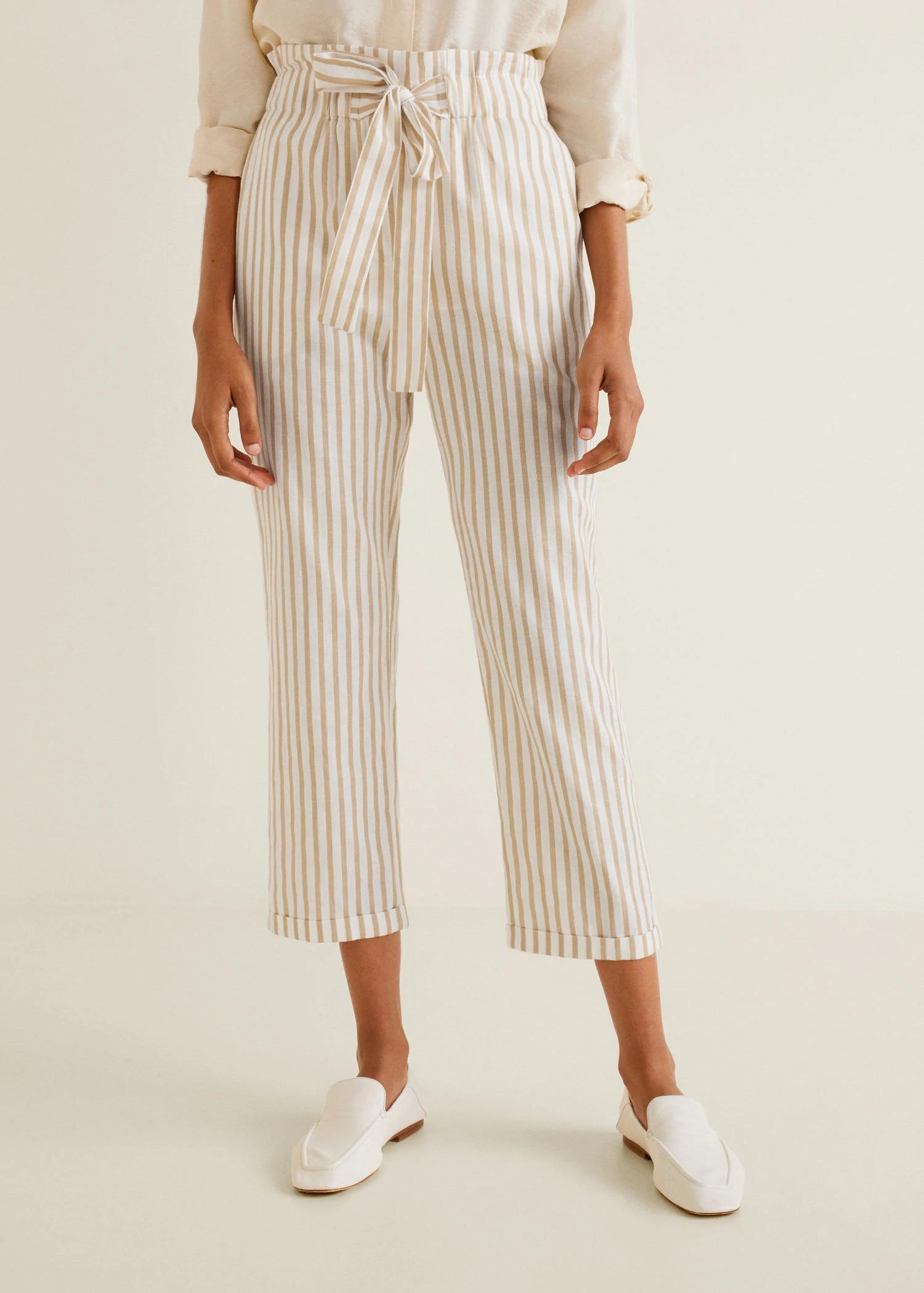 Straight cotton stripe drawstring trouser - beige MANGO Trousers ...