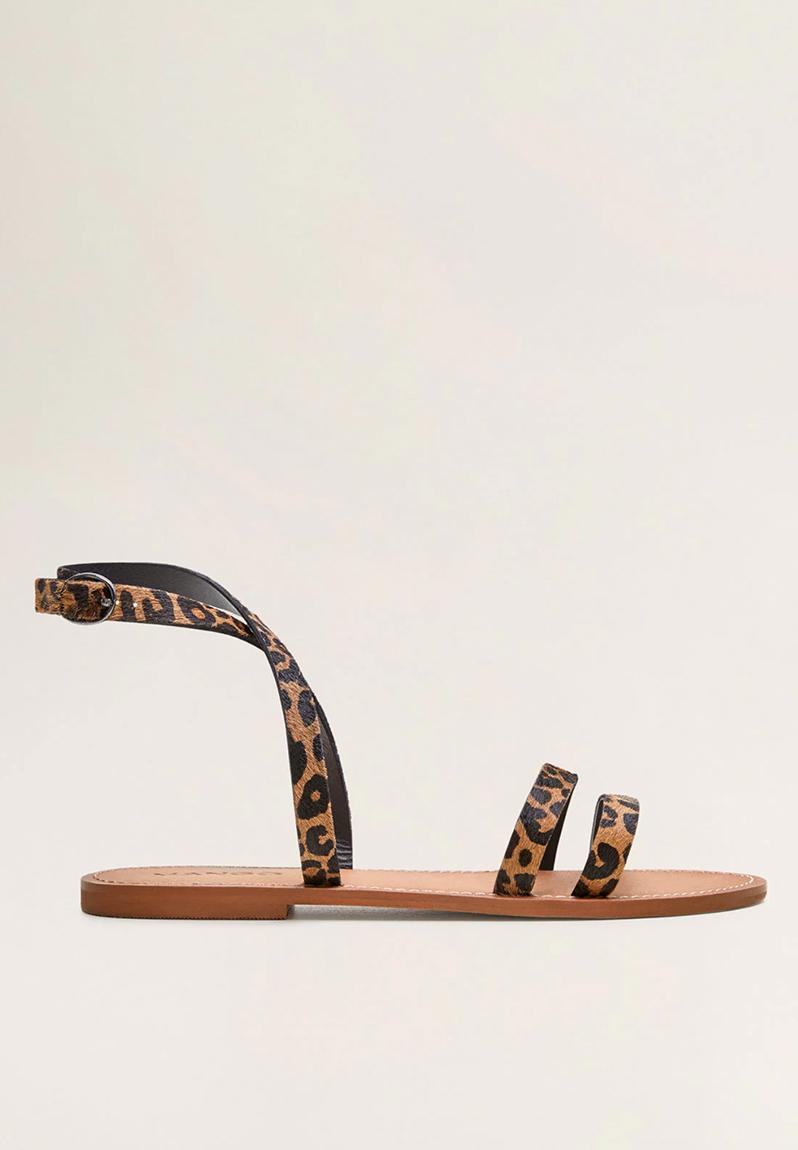 Luis1 leather leopard print flat ankle strap sandal - black MANGO ...