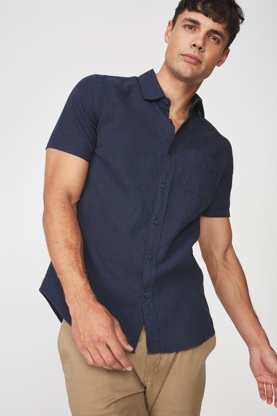 Premium linen/cotton short sleeve shirt - navy Cotton On Shirts ...