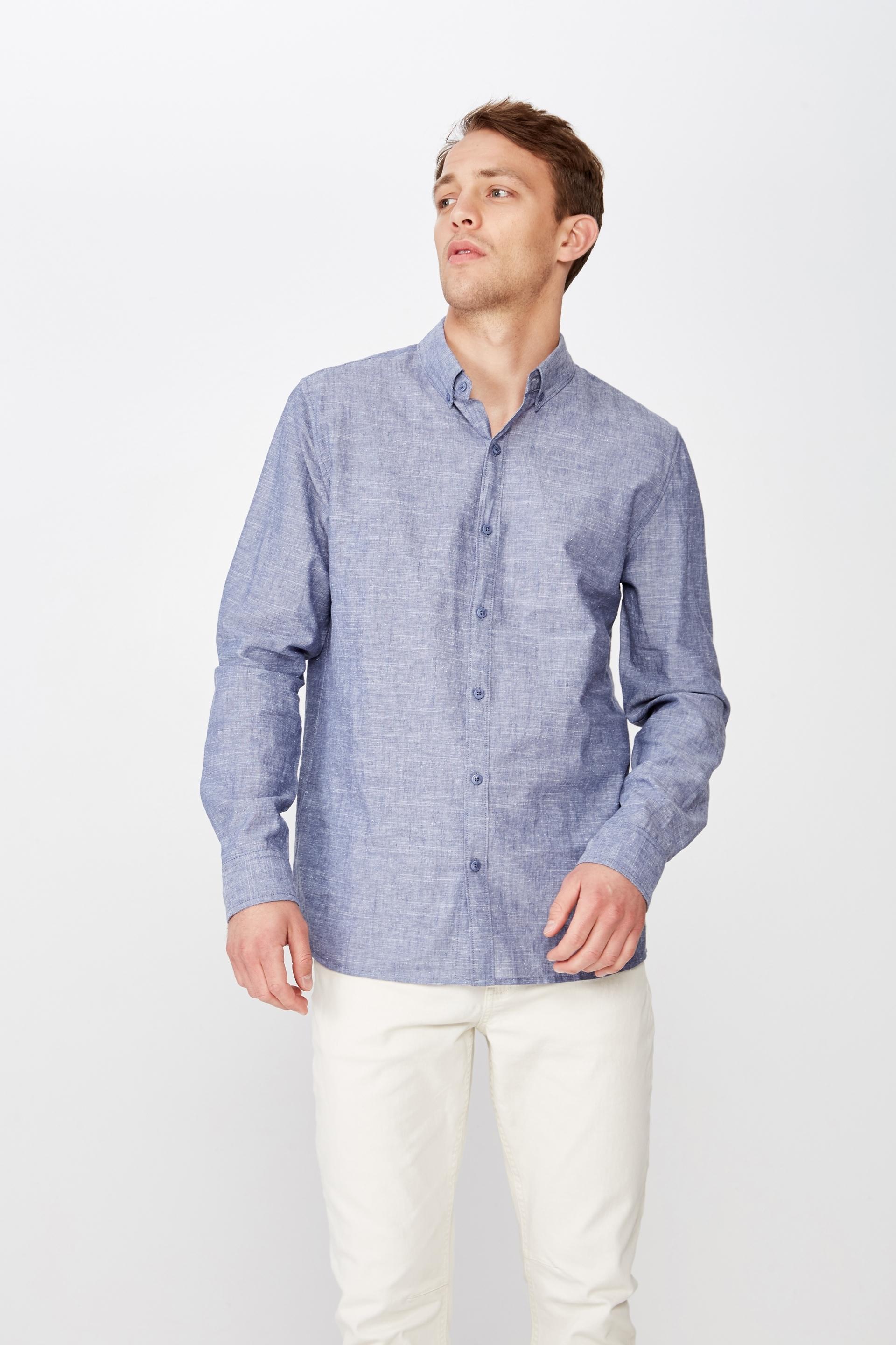 Premium linen/cotton long sleeve shirt - blue/white Cotton On Shirts ...