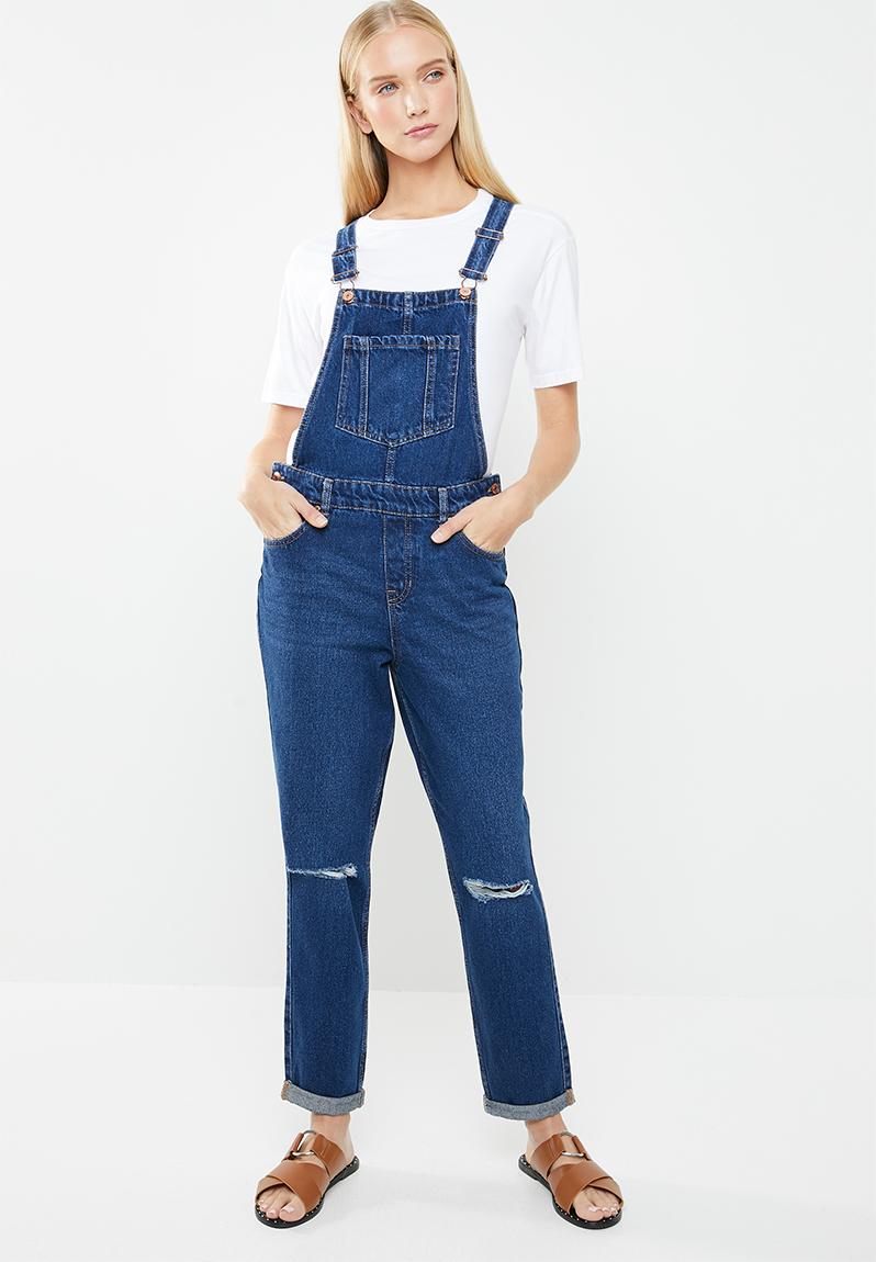 Relaxed rip knee dungaree - mid blue New Look Jumpsuits & Playsuits ...