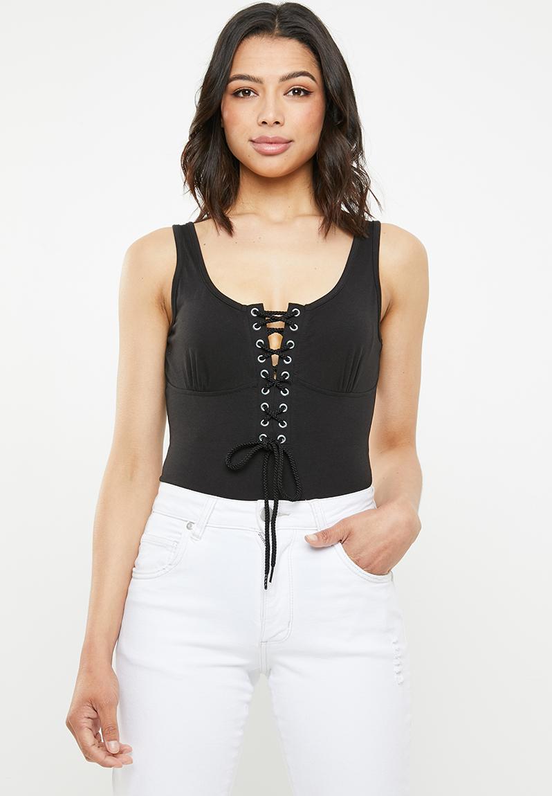 Rope lace up bodysuit - black Missguided T-Shirts, Vests & Camis ...