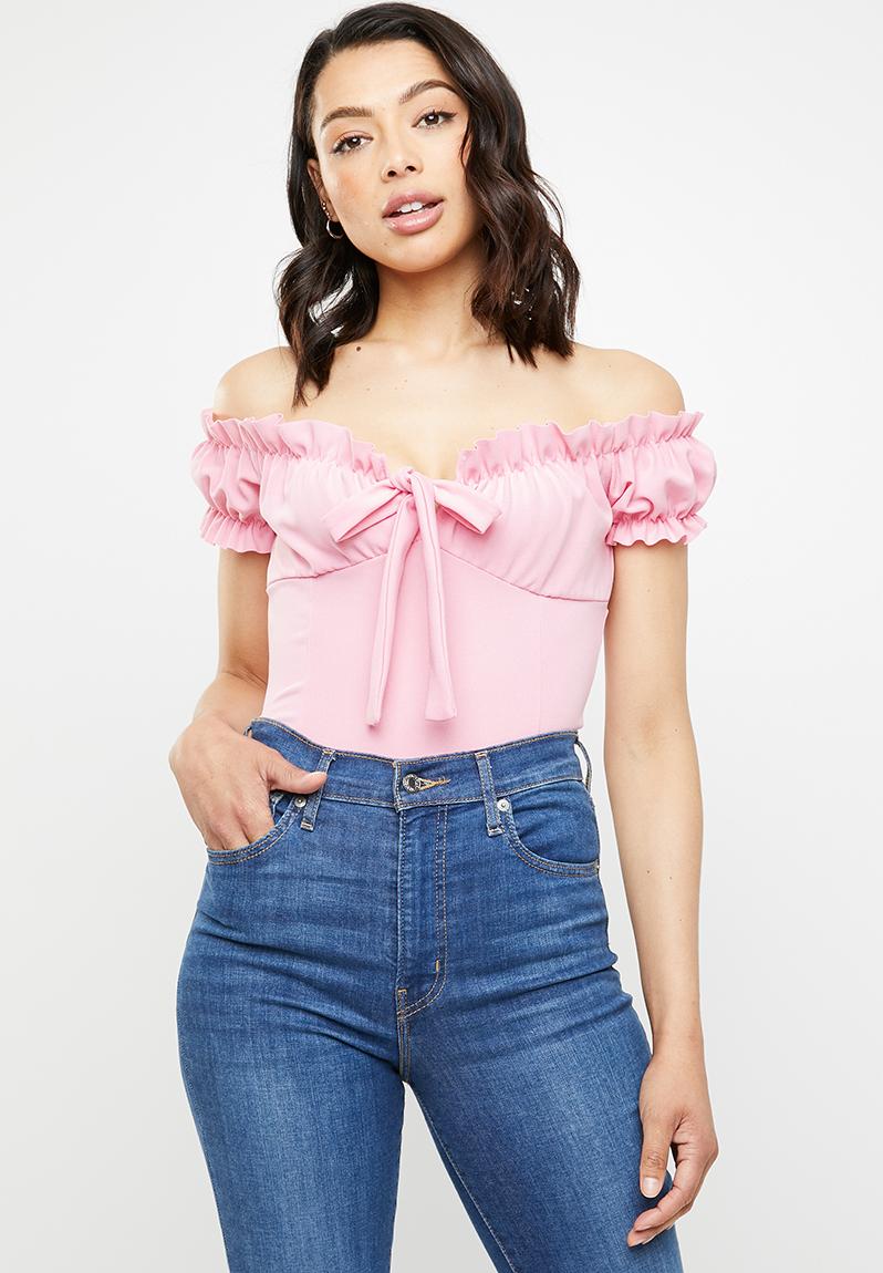 Milkmaid bardot tie-front bodysuit - pink Missguided T-Shirts, Vests ...