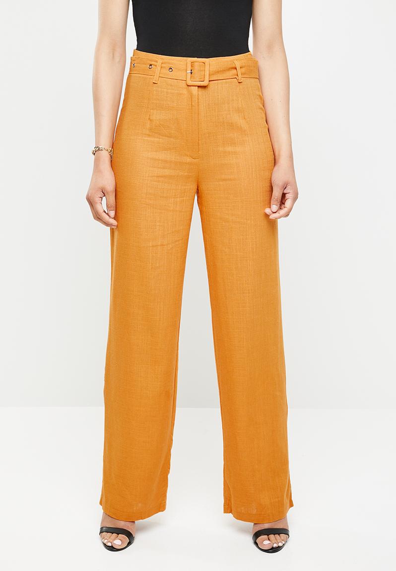 Linen self belted wide leg trouser - orange Missguided Trousers ...