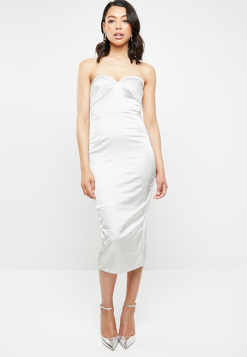 Satin bust cup bandeau midi dress - silver Missguided Occasion ...