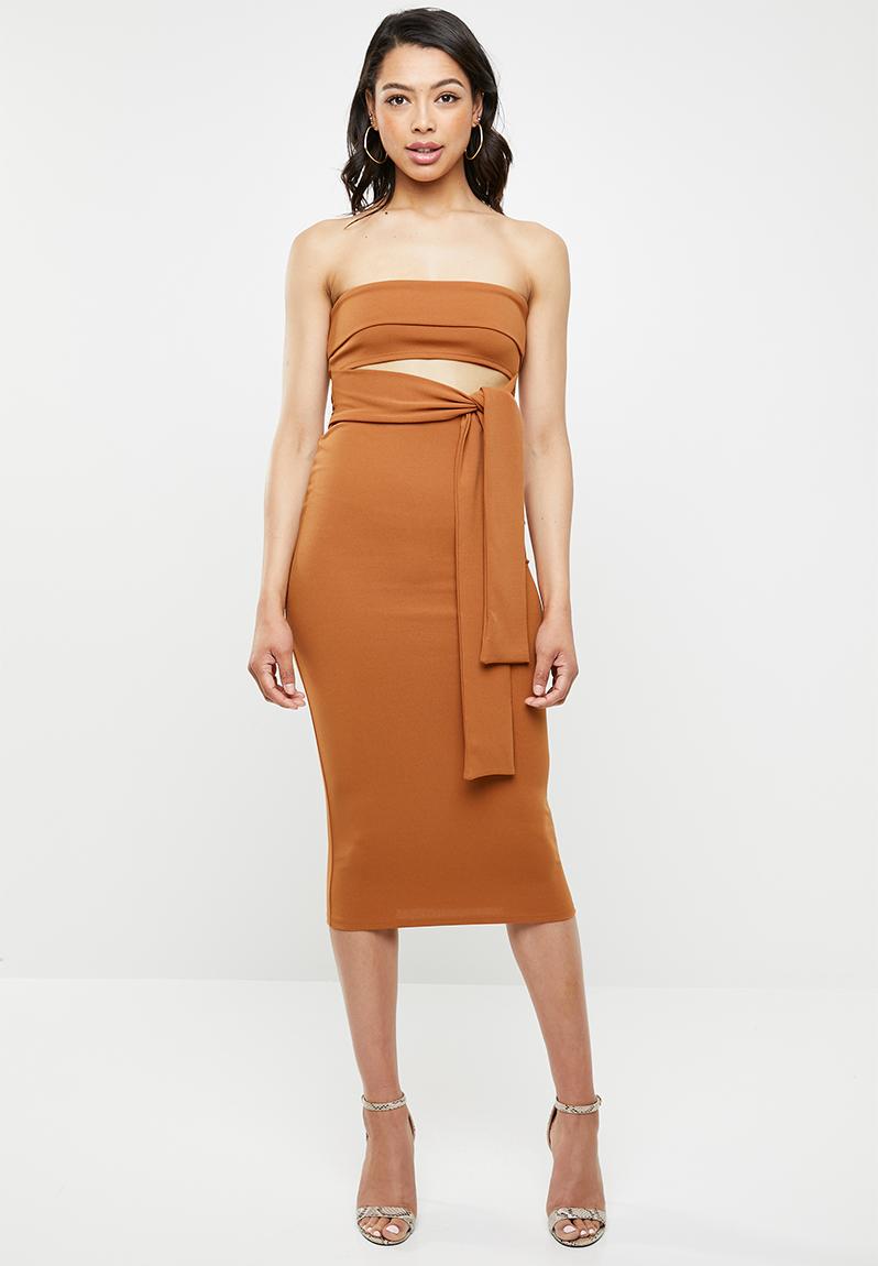 Cut out belted bandeau midi dress - brown Missguided Occasion ...