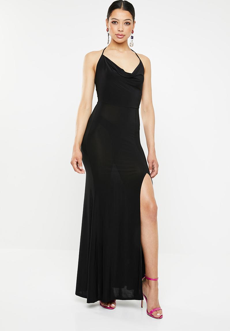 Slinky cowl halter maxi dress with split - black Missguided Occasion ...