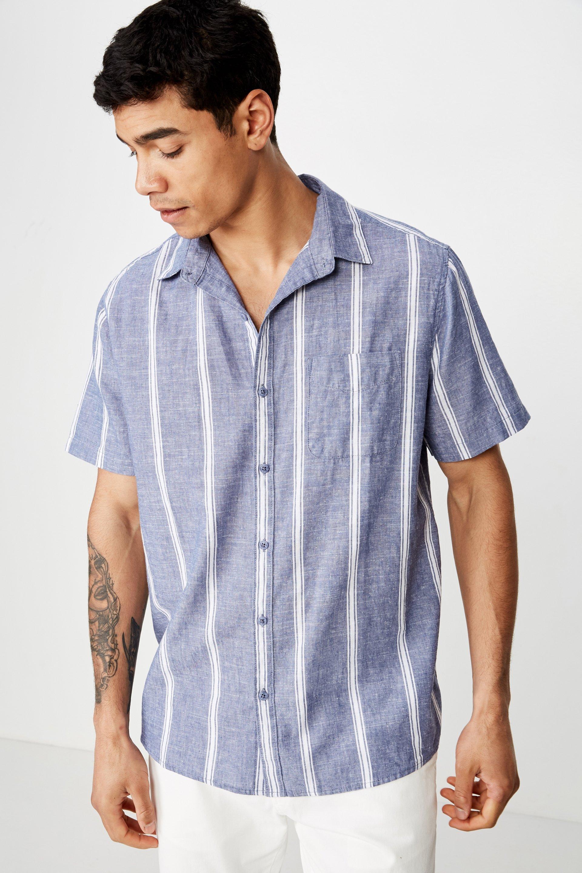 Premium linen cotton short sleeve shirt - blue white space stripe ...