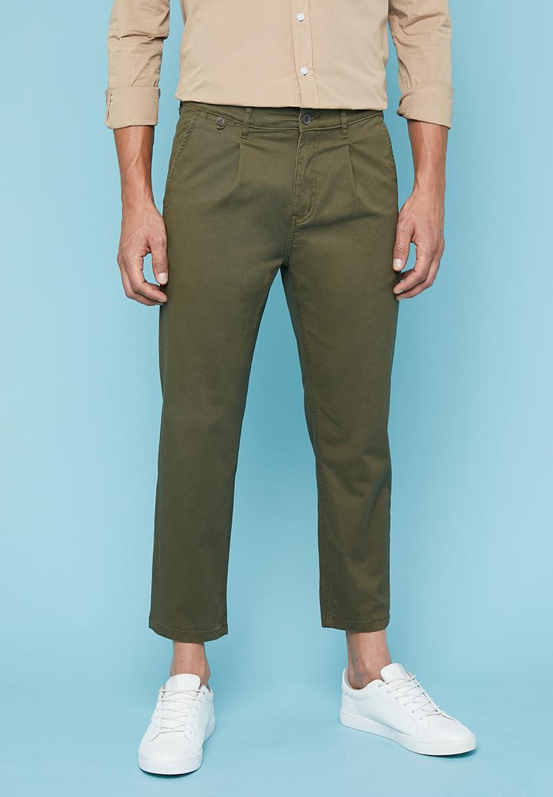 Pleated tapered chino - khaki green Superbalist Pants & Chinos ...