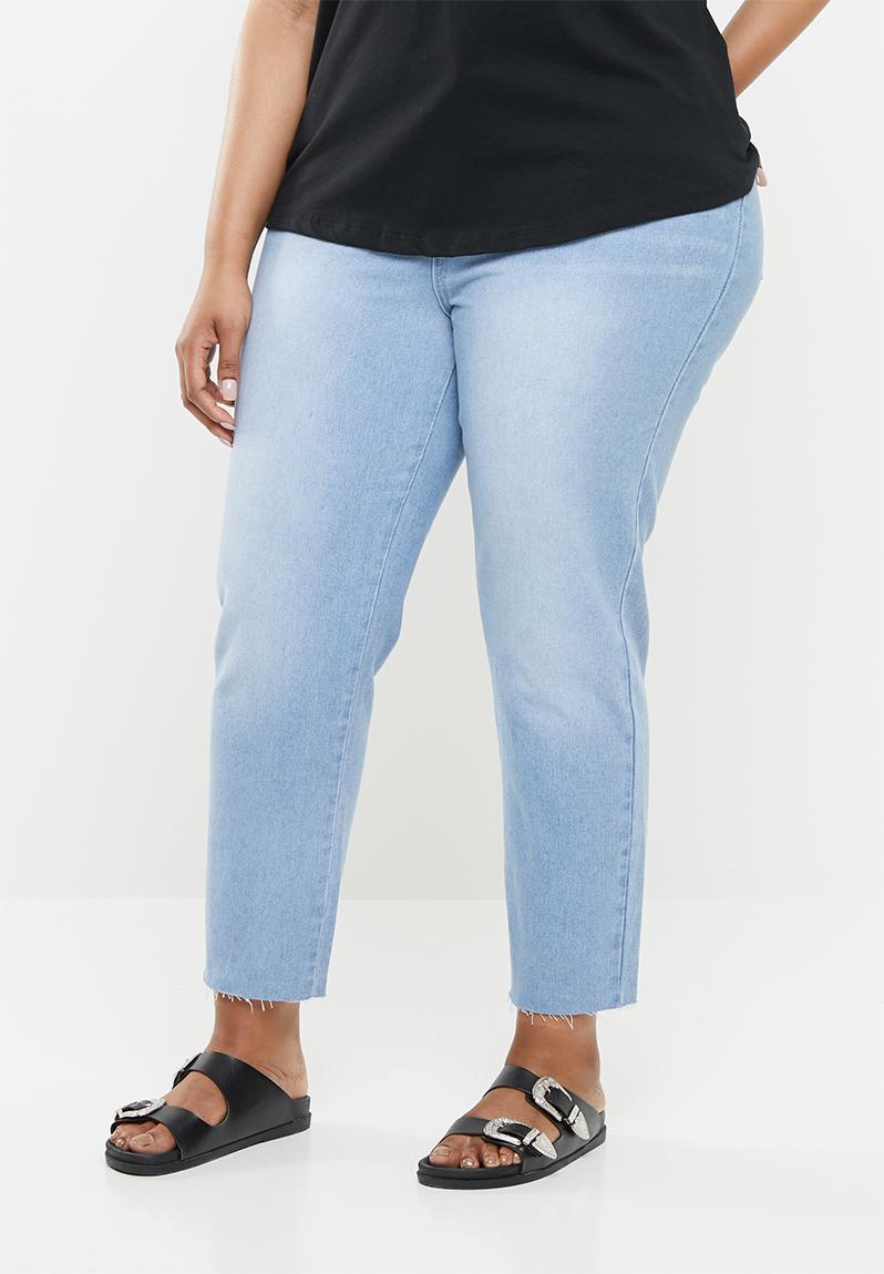 Mist Blue Distressed Detail Tummy Control Raw Hem Jeans