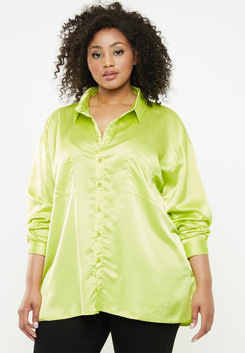 Curve double pocket oversized satin shirt - lime Missguided Tops ...