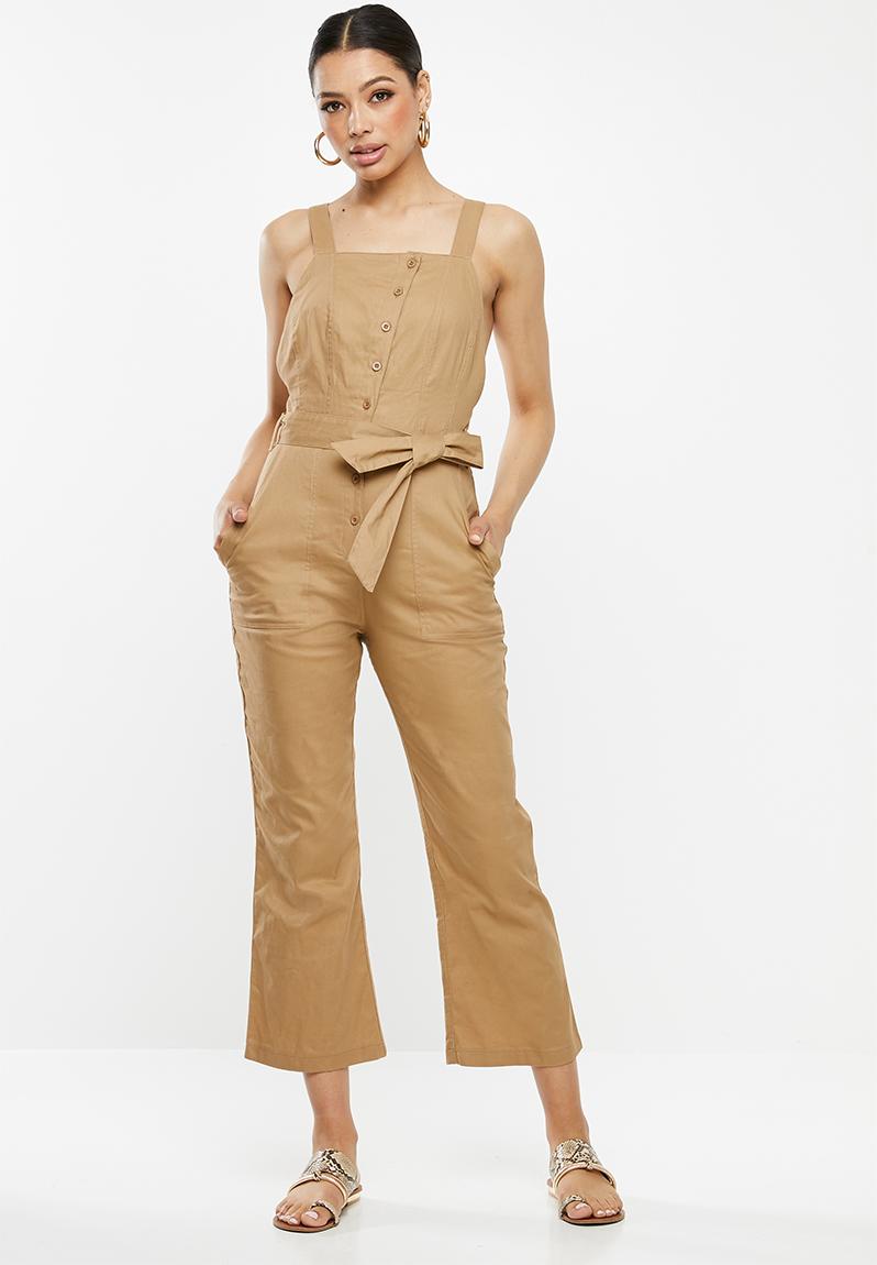 Dungaree asymmetrical button detail jumpsuit - stone Missguided ...