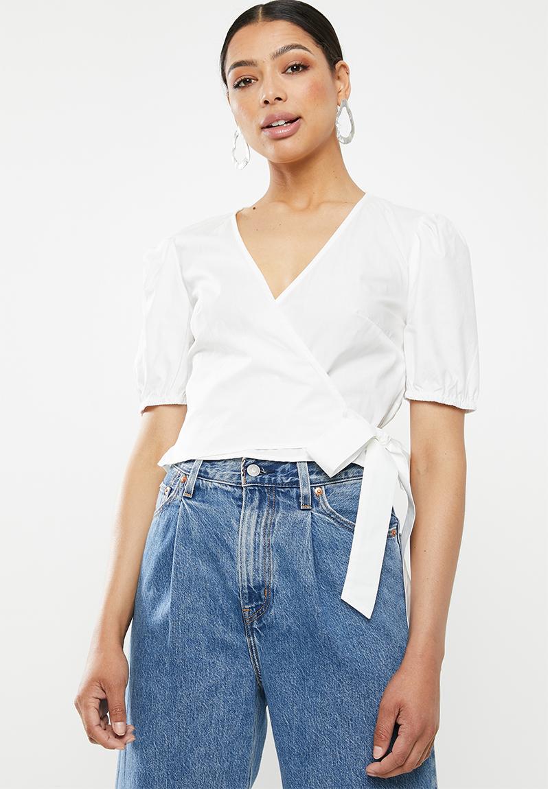 Poplin wrap front puff sleeve crop blouse - white Missguided Blouses ...
