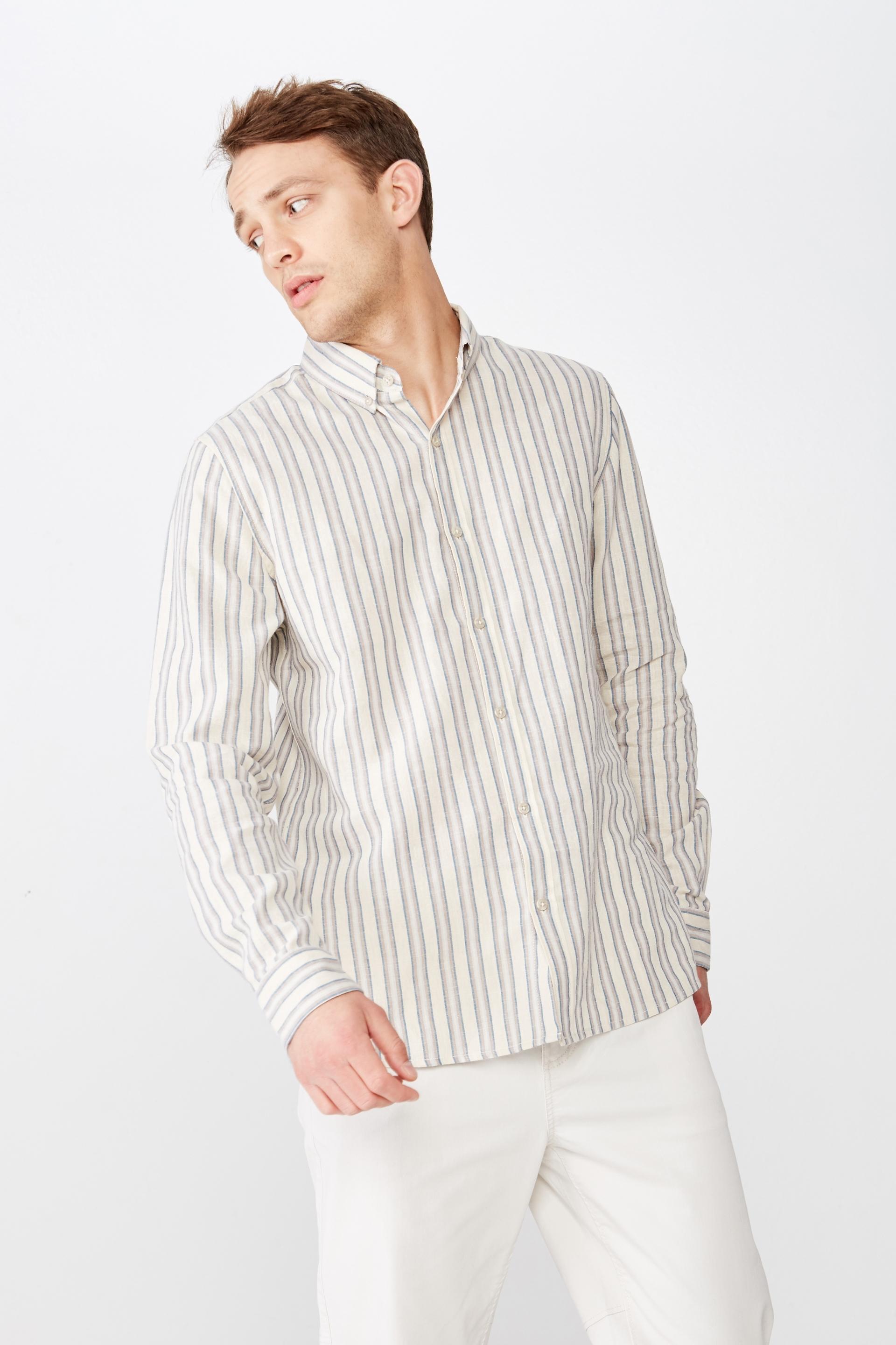 Natural stripe linen cotton long sleeve shirt - beige & cream Cotton On ...