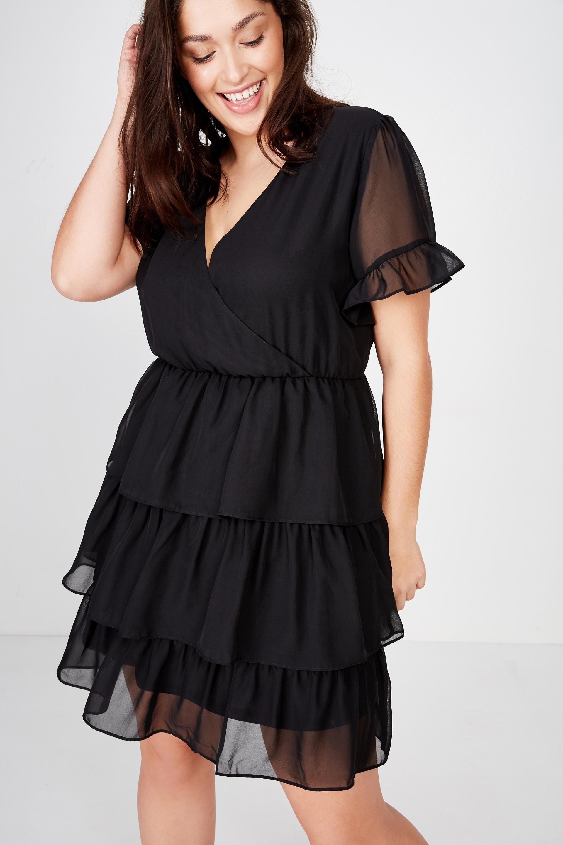 Curve Woven Sara Short Sleeve Ruffle Mini Dress Black Cotton On Dresses 9417