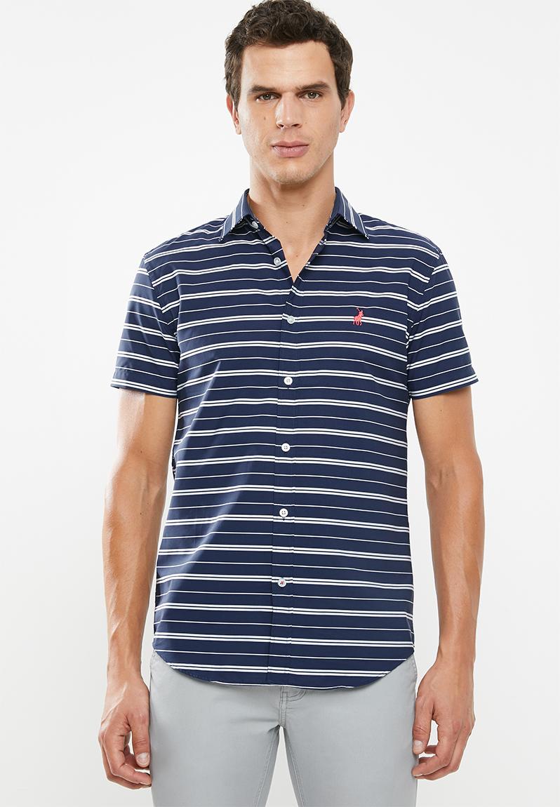 Richard horizontal stripe signature short sleeve shirt - navy POLO ...