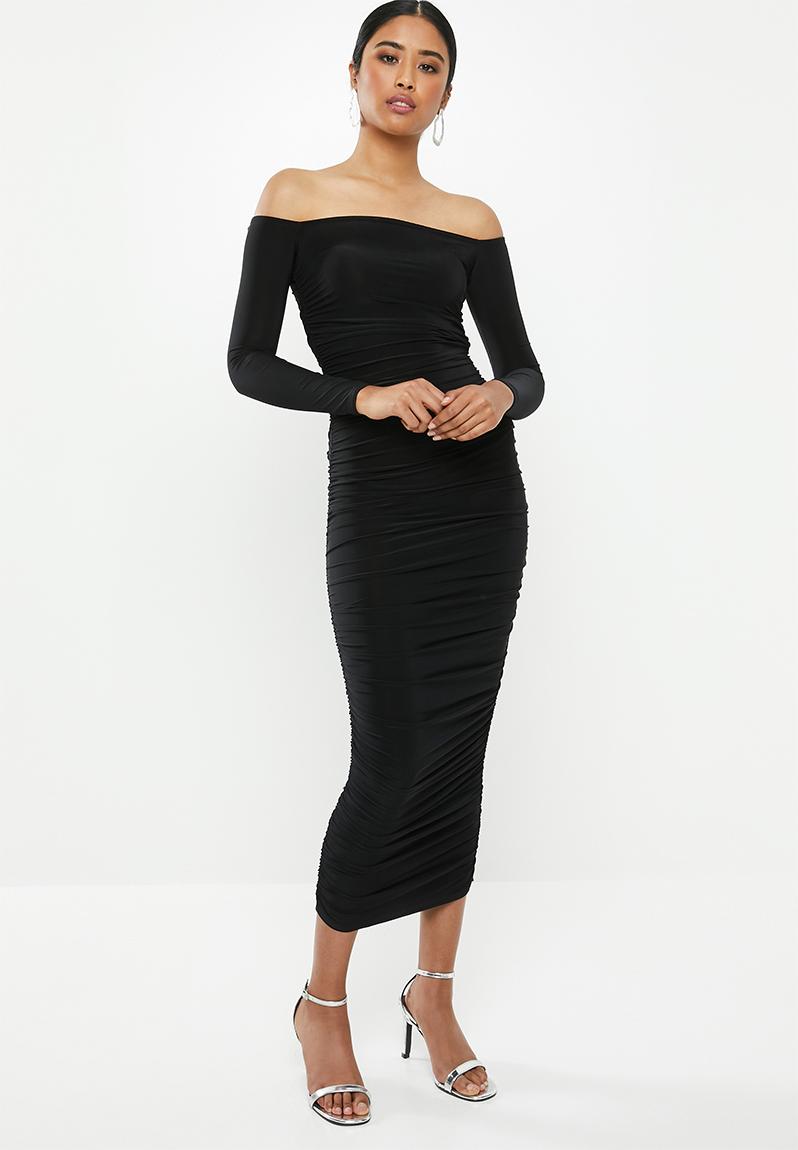black bardot slinky ruched bodycon midaxi dress