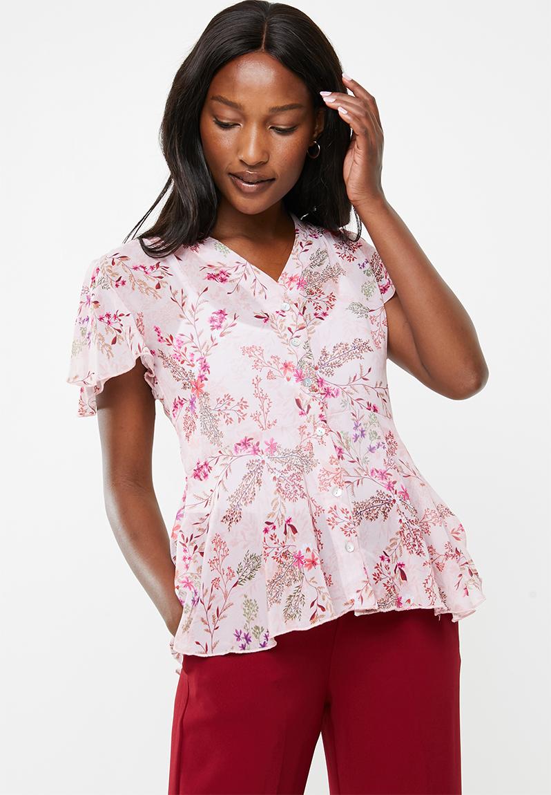 Flutter sleeve button down blouse - pretty pink floral edit Blouses ...