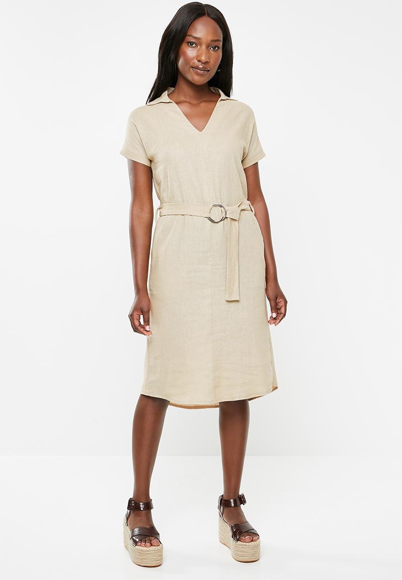 beige linen shirt dress