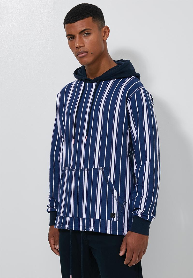 Vertical stripe drawstring hem pullover hoodie - dusty pink/navy/white ...