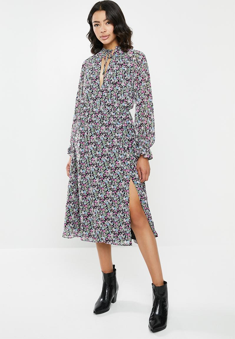 Floral tie front keyhole midi dress - black Missguided Casual ...