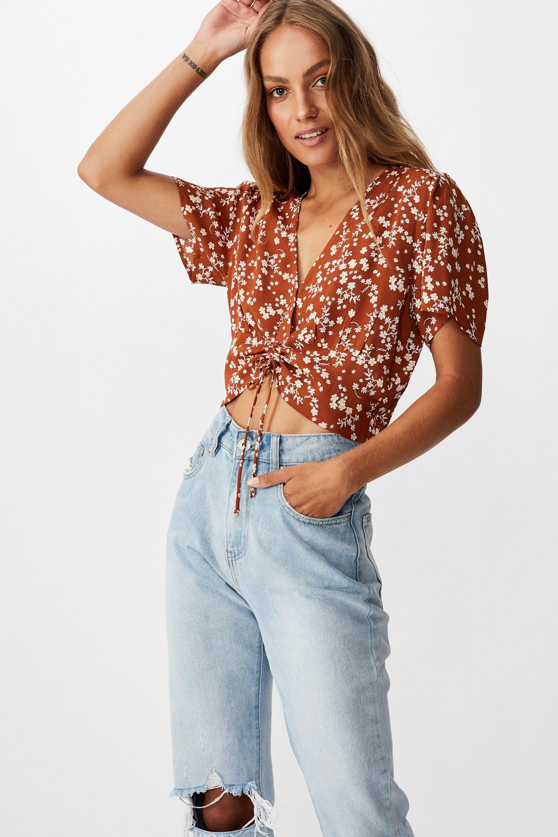 The ultimate rouched front tea blouse millie floral - brown & white ...