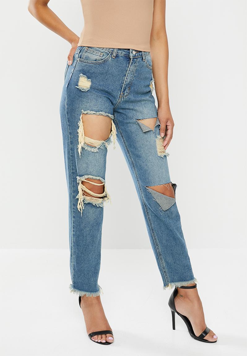 Riot High Rise Ripped Mom Jean Authentic Blue Missguided Jeans 