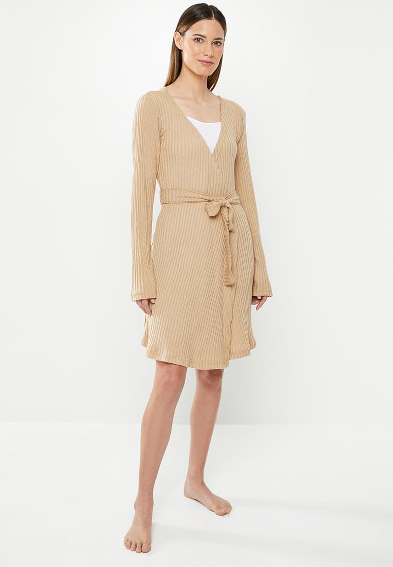 Rib mix and match lounge robe - beige Missguided Sleepwear ...
