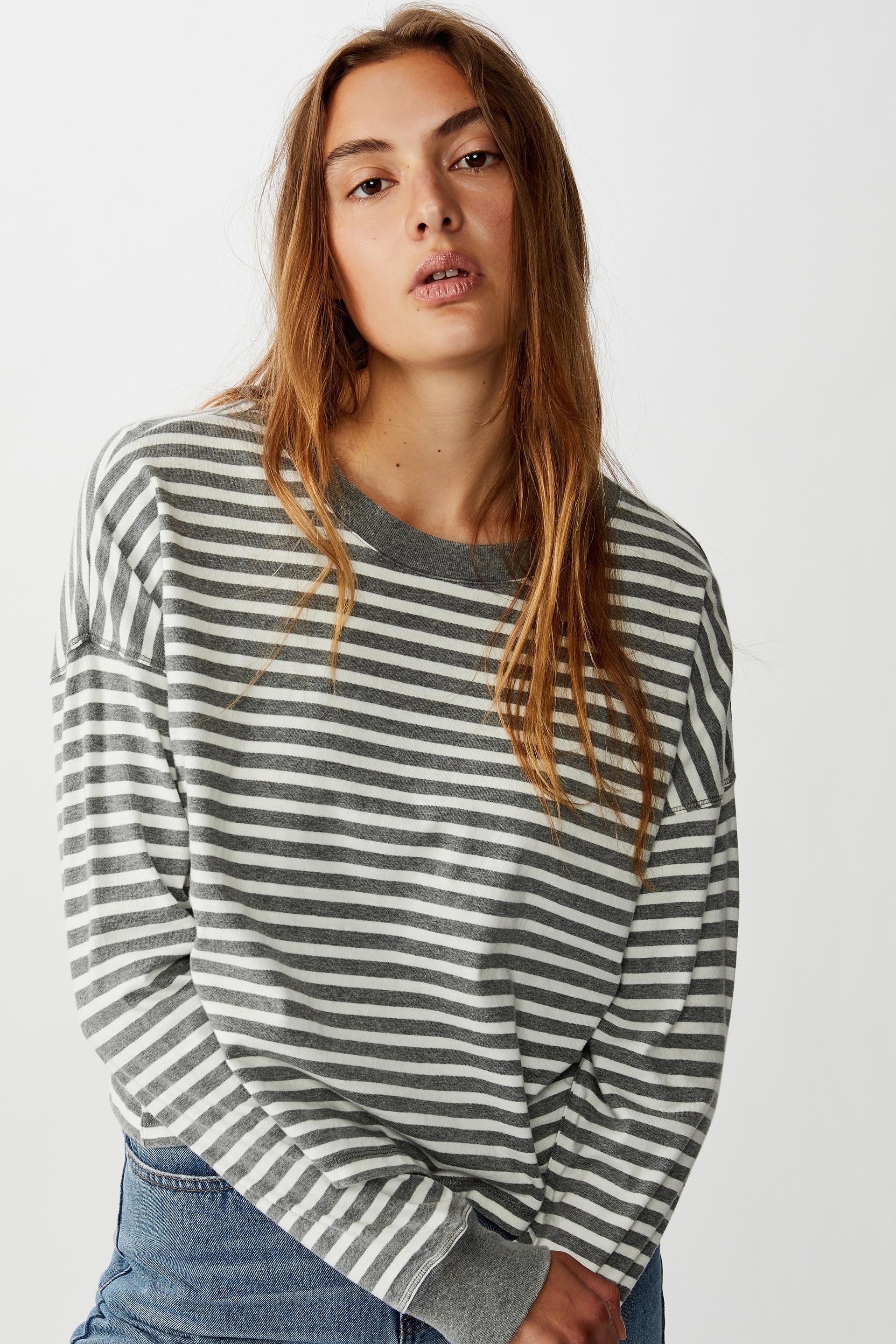 Harris crew neck long sleeve top - washed stripes charcoal/gardenia ...
